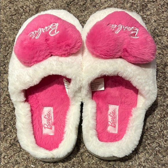 Barbie Fuzzy Pink and White Heart Slippers - Picture 2 of 5